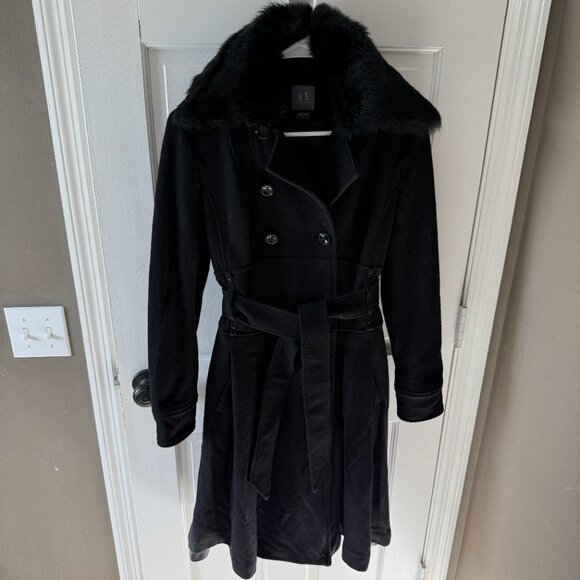 Armani Exchange women's long wool coat black w/ detachable fur collar, size S - Picture 2 of 5
